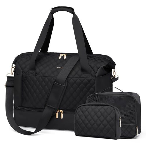 Travel Duffel Bag for Women Weekender Overnight Carry on Tote Duffle Bag Personal Item Bag with Shoe Compartment for Business,Trips,Travel,Sports,Gym,Yoga,Hospital, 3 Pcs Set, 43L,Black