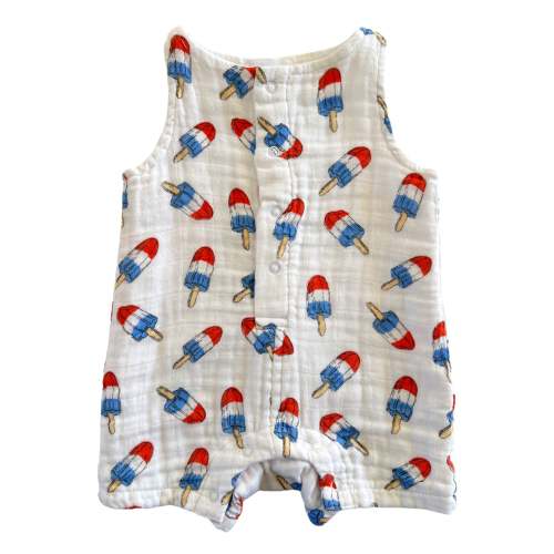 Muslin Shortie Romper, Red, White & Blue Popsicle