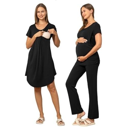 SUNNYBUY Women 3 PCS Maternity Nursing Nightgown Dress & Short Sleeve Breastfeeding Top & Pregnancy Pants Sleepwear Set