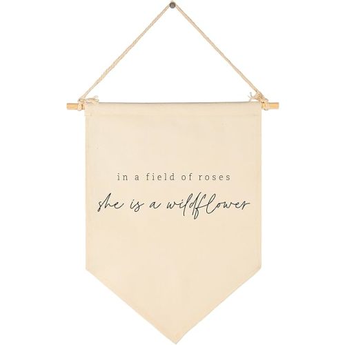 In a Field of Roses She is a Wildflower-Wall Decor Gifts for Baby Girls Kids-Canvas Hanging Pennant Banner Wall Decor Gifts for Nursery Baby Room Playroom Homeschool Reading Room Bedroom Front Door
