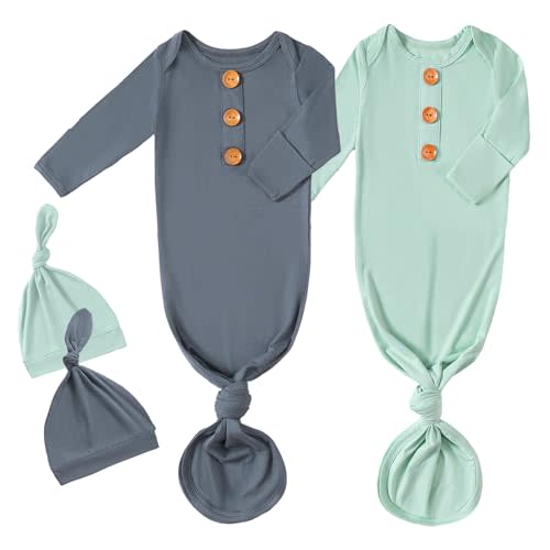 OPAWO Knotted Gown Baby Newborn Sleepers Baby Boy Coming Home Outfit, Bamboo Viscose Baby Gowns with Mitten Cuffs and Hat Set