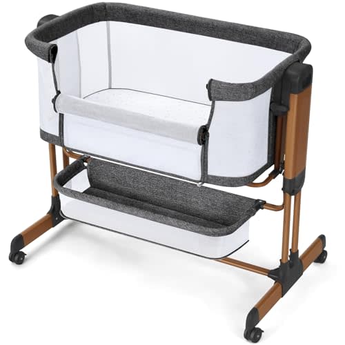 Ezebaby 3-in-1 Baby Bassinet, Rocking Baby Bassinets Bedside Sleeper, Adjustable Portable Crib for Newborn Infant with Wheels Storage Basket and Mesh Sides