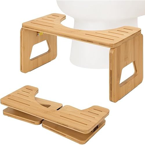 Toilet Stool Squat Adult and Kids - 8 Inches Foldable Poop Stool for Bathroom Bamboo Flip Potty Stool with Anti-Slip Layer - Improve Bathroom Posture and Comfort (Natural Color)