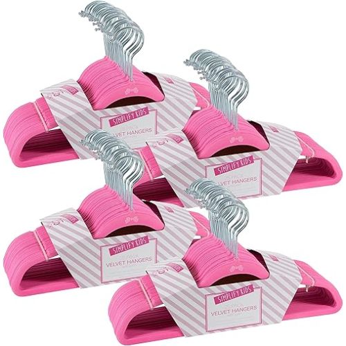 Simplify 100 Pack Kids Velvet Hangers | Slim | Non-Slip Design | Space Saving | Childrens Clothes | Shirts | Pants | Dresses | Baby Nursery | Closet Storage & Organization | Pink