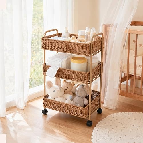 Utility Storage Cart,3-Tier Rolling Kitchen Office Laundry Room Cart with Wheels,Mobile Shelving Unit Organizer for Living Room,Bathroom, Baby Diaper Cart,Art,Dining Room
