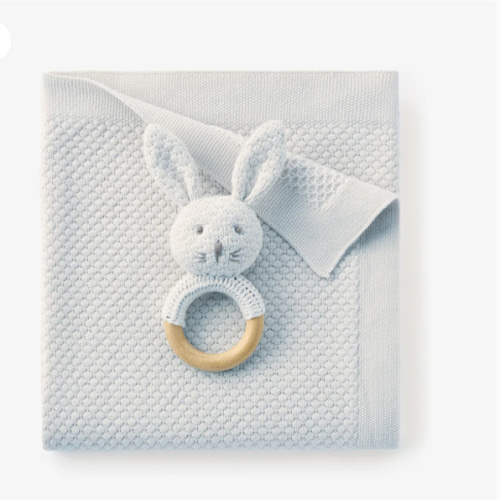 Pale Blue Textured Knit Blanket + Bunny Ring Rattle Gift Set