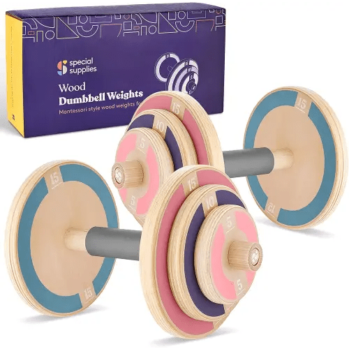 Special Supplies Kids Wooden Workout Play Weights Set - Adjustable Dumbbells Set for Home Gym Equipment, Exercise Workout Set for School or Home Fitness Activities, Pastel Colors (Set of 2 Dumbbells)