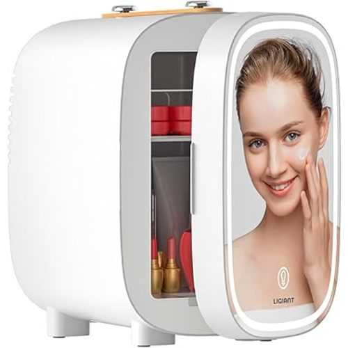 DF01A Skincare Fridge, With 3-Level Dimmable LED Light Mirror, Low Noise 4L Makeup Fridge for Skincare, Cooler & Warmer, Portable Design for Multiple Uses - Bedroom, Office, and Car