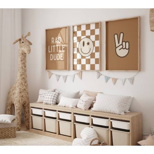 Rad Little Dude, Camel Nursery, Checkered Smiley Poster, Baby Boys Kids Room Decor, Toddler Poster, shared room, bohemian brown boy room