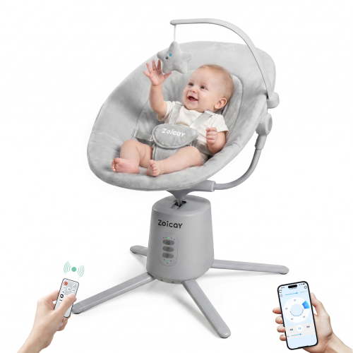 Zoicay Electric Baby Swing, Gray, 3 Modes, 5 Speeds, Bluetooth Music, App Control, 5-Point Harness