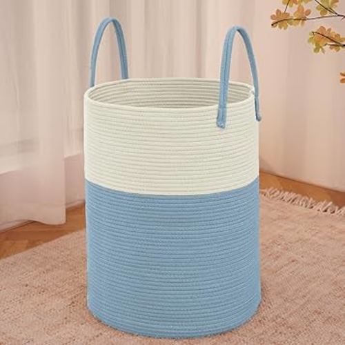 Large Woven Laundry Basket Hamper,60L Cotton Rope Storage Bin for Blankets,Toys and Clothes,Decorative Tall Nursery Hamper for Living Room,Baby Nursery,Bathroom and Bedroom,White and Blue