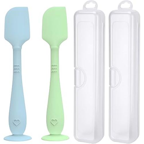 2 Pack Diaper Cream Spatula with Hygienic Travel Case, Butt Spatula Baby with Suction Base, Baby Butt Paste Spatula, Soft Silicone Diaper Rash Cream Applicator Large Size (Blue & Green)