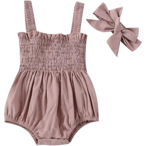Newborn Baby Girl Romper Summer Sleeveless Smocked Cotton Linen Clothes Outfit with Headband - Pink - 6-12 Months