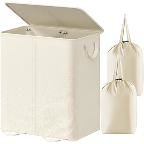 Lifewit Double Laundry Hamper with Lid and Removable Laundry Bags, Large Collapsible 2 Dividers Dirty Clothes Basket with Handles for Bedroom, Laundry Room, Closet, Bathroom, College, 155L Ivory White