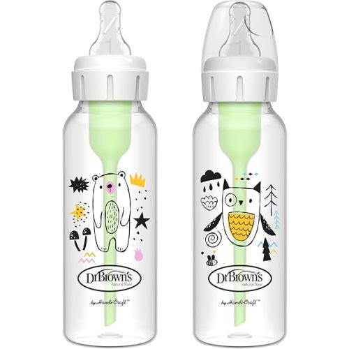 Dr. Brown's Natural Flow Anti-Colic Options+ Narrow Baby Bottle, Bear & Owl, 8 oz/250 mL, with Level 1 Slow Flow Nipple, BPA Free, 0m+, 2-Pack
