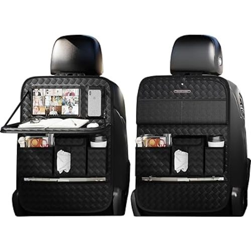 Car Seat Organizers,Multi-functional Back Seat Protectors, Storage Pouches, and Tray Holders (for Cars, Kids, Seat Back and Rear Seats) (Woven Black, 2 Pcs)