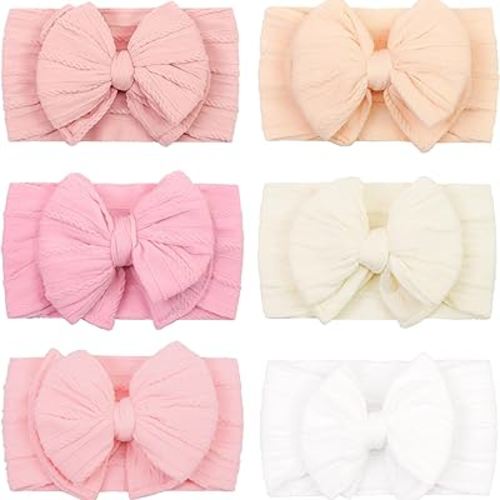 CÉLLOT 6 Pcs Super Stretchy Soft Handmade Headbands with Double Bows Head Wrap Nylon Hair Accessories For Newborn Baby Girls Infant Toddlers Kids(Pink)