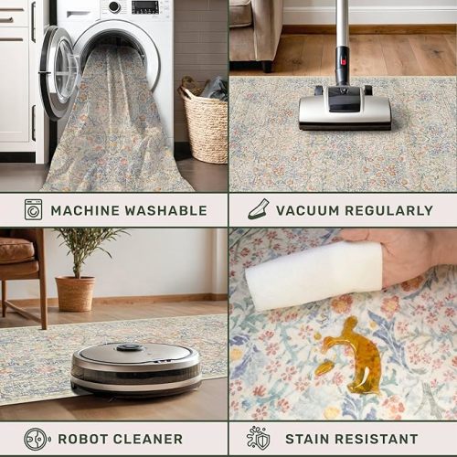 8x10 Washable Rug for Living Room - Stain Resistant Dining Room Rugs for Under Table, Soft Low Pile Large Carpet for Bedroom - Vintage Floral Non-Slip (8x10 Beige Blue)