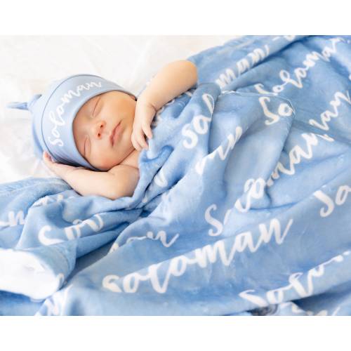Baby Blanket Sets - Personalized Plush Minky Name Blankets with Hats or Bows