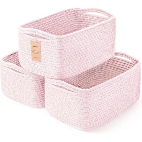 Shelf Baskets for Organizing | Storage Basket for Shelves | Small Woven Baskets | Rope Toy Basket | Closet Organizer Bins | Cube Decorative Box | 11.8×7.8×5.1” | 3 Pcs Mixed Pink