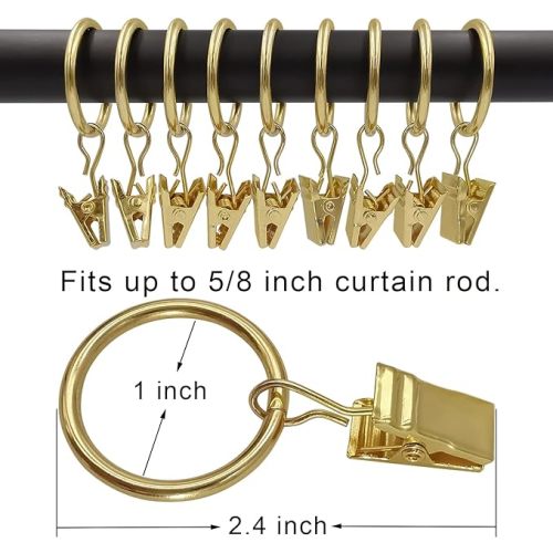 AMZSEVEN 44 Pack Metal Curtain Rings with Clips, Curtain Hangers Clips, Drapery Clips with Rings, Drapes Rings 1 in Interior Diameter, Fits Diameter 5/8 in Curtain Rod, Gold Color - 1" I D 44 Pack