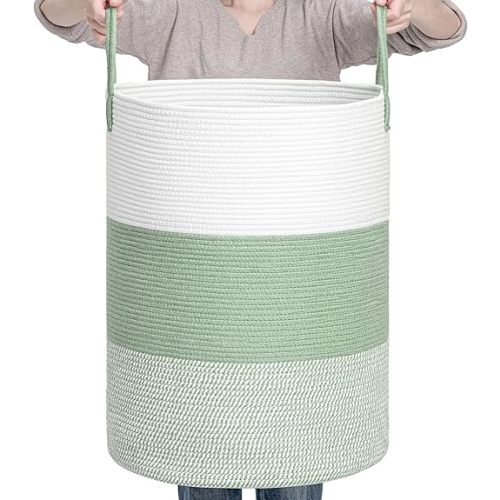 CLHMILY&Z 80L Laundry Basket Round Storage Rope Basket - 16.5x22.5 Inches - Green Hamper in Bedreoom and Cute Storage Bin for Blankets, Toys, and Nursery Essentials