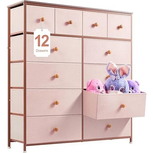 EnHomee Pink Dresser, Dresser for Bedroom with 12 Drawers Dresser& Chests of Dresser for Bedroom, Closet,Hallway,Fabric,11.9" D x 40.7" W x 43.8" H