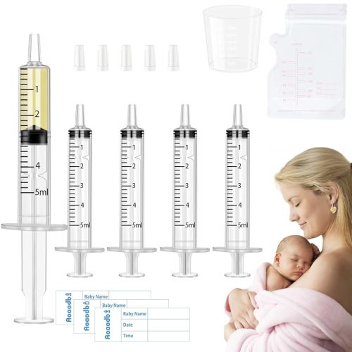 Colostrum Collector Kit Include 40pcs 5ml Sealed Breast Milk Collector No Needle Colostrum Syringes 5 Breastmilk Storage Bags and 1 Piece 30 ml Measuring Cup with 50 Stickers