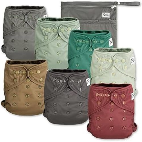 Nora's Nursery Cloth Diaper Cover, Washable Reusable Diaper Cover with Snap Closure, Flat or Fitted - 7 Pack with Wet Bag - Hickory