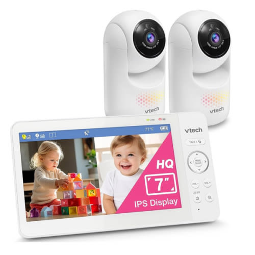 VTech Advanced HQ Max Twin 7" Digital Video 2-Cameras Baby Monitor with Pan Tilt Zoom, Long Battery Life 5000mAh, IPS Screen, Adaptive Multi-Color Night Light, 2-Way Talk, HQ Display, No WiFi, White