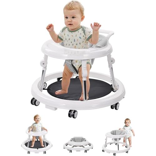 Baby Walker with Wheels: Adjustable Height & Foldable Design, Mute Wheels & Anti-Rollover Feature, Includes Footrest, Perfect for Boys & Girls 6-18 Months