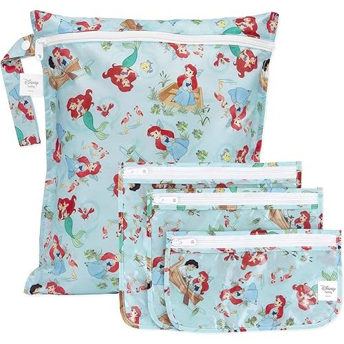 Bumkins - Waterproof Wet Bag & Clear Travel Bags - For Beach, Baby, Travel, Swim Suit, Cloth Diapers, Pump Parts, Pool, Gym, Toiletries - Reusable & Easy to Clean - Disney Ariel - 4 Pack