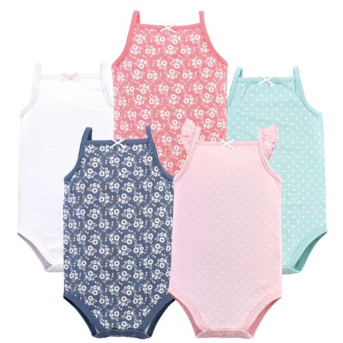 Hudson Baby Infant Girl Cotton Sleeveless Bodysuits 5pk, Basic Dot Floral, 0-3 Months
