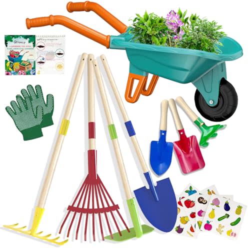 Qtioucp Kids Gardening Tools Outdoor Toys Set Backyard Play with Wheelbarrow Educational STEM Learning Pretend Toys Outdoor Indoor for Toddlers Kids Boys Girls