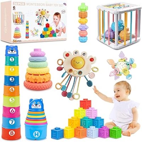 6 in1 Montessori Baby Toys 6-12 Months，Montessori Toy for Babies 6-12 Months，Incl 12pc Building Blocks &Silicone Pull String & Sensory Cube & Manhattan Ball& 2 Stacking Toys. Baby Development Toys