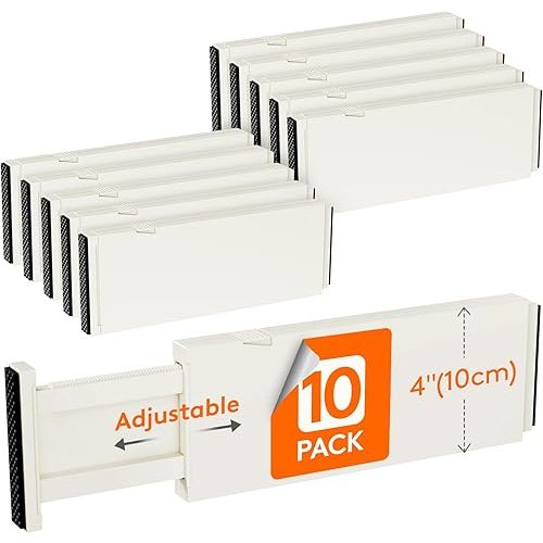 Lifewit 10 Pack Drawer Dividers Plastic 4" High, 11-17" Adjustable Drawer Organizers for Clothes, Expandable Dresser Separators in Bedroom/Bathroom/Kitchen/Office Organization and Storage, Beige