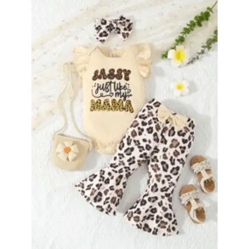 Baby Girls' Leopard Pattern & Letter Print Romper With Flare Pants Set And Headband, Spring/Summer