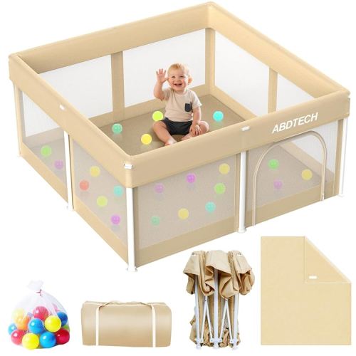 Foldable Playpen for Babies and Toddlers:Quick Setup 50x50in playpen with Mat - Collapsible Play Pen for Babies with Storage Bag for Indoor & Outdoor - Baby Fence Play Area with 30 Ocean Ball, Khaki