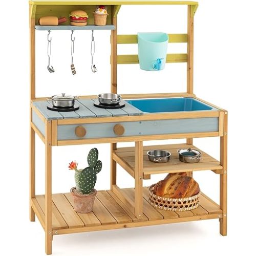 Costzon Wooden Kids Play Kitchen, Outdoor Mud Kitchen with Removable Sink, Water Box & Faucet, Stove Top, Storage Shelves, Fun Backyard Pretend Kitchen Playset for Boys Girls 3+ (Blue)