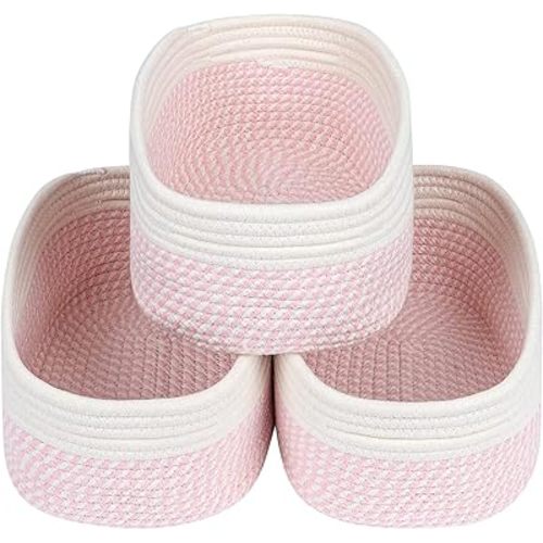CubesLand Rectangle Organization/Storage Basket, Natural Cotton Rope Woven Baskets for Organizing, Small Basket for Kids, Baby Nursery, Cat Dog Toy Baskets, Organizer Bins for Shelves 3 Packs