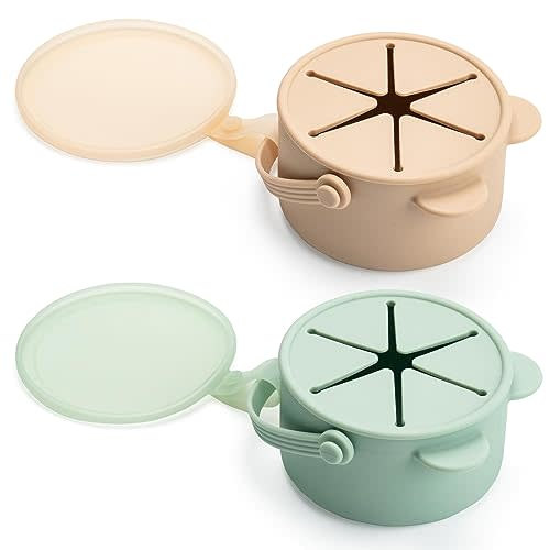 Silicone No Spill Snack Cups for Toddlers – Portable Baby Snack Cup Containers with Dustproof Lid – Dishwasher-Friendly Toddler Spill Proof Cups Without BPA, Lead, or Phthalates – Beige and Green