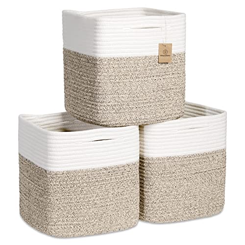 NaturalCozy Storage Cubes 11 Inch Cotton Rope Woven Baskets for Organizing, 3-Pack | Cube Bin Square Shelves Organizer, Classroom, Kids Toy Bins, Closet, Baby Nursery