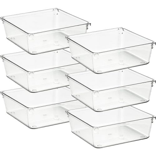 Ravinte 6 Pack Drawer Organizer - 6" X 6" Plastic Storage Bins, Acrylic Organizers with Non-Slip Pads Clear Desk Storage Tray for Makeup, Jewelries, Kitchen Utensils, Bathroom and Office - 6" x 6"