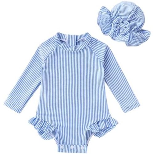 Infant Baby Girl Swimsuit One-Piece Long Sleeve Rash Guard with Hat Set Floral Zipper Bathing Suit Leopard Beach Wear