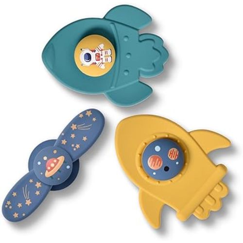 Silicone Suction Cup Spinner Toy for Babies&Toddlers – Food-Grade Safe & Fun Sensory Toy – Perfect Baby Bath, High Chair & Travel Toy (Yellow+Green+Blue-Space)