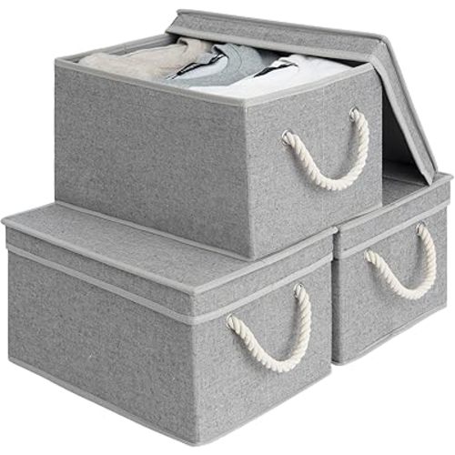 StorageWorks Storage Bins with Lid, Decorative Boxes with Soft Rope Handles, Foldable Baskets, Gray, Large, 3-Pack