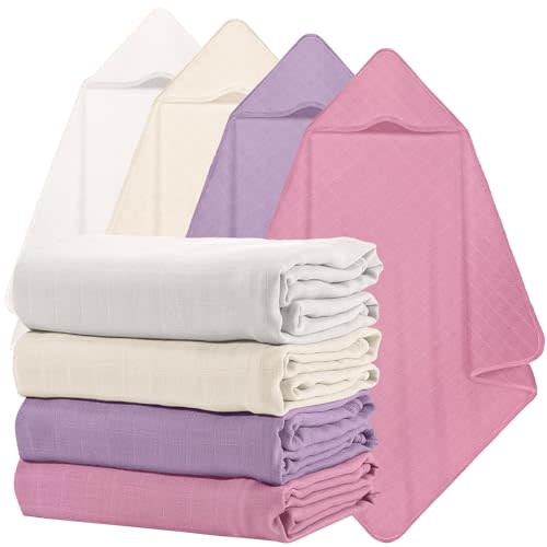 Preboun 4 Pcs Muslin Hooded Baby Towels,32"x 32" Cotton Newborn Bath Towel Muslin Infant Baby Blankets Absorbent Unisex Newborn Registry Gift for Girls Boys(Purple Series)