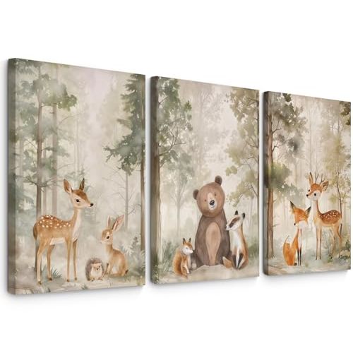 Woodland Nursery Wall Art Decor Animal Forest Canvas Prints Baby Boy Room Wall Decor Bear Nursery Nature Pictures Deer Prints Artwork for Boy Girl Kids Bedroom 16x24 Inch Wrapped Canvas Set of 3