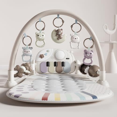 Jovow Baby Gym with Kick and Play Piano, Baby Play Mat Tummy Time Activity Gym Mat with 5 Infant Sensory, Music & Lights Boy or Girl for Newborn 0 to 3 6 9 12 Months