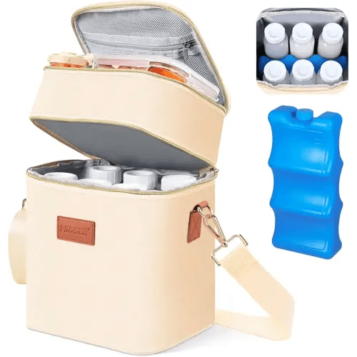 PIIOSER Breastmilk Cooler Bag with Ice Pack Fits 6 Baby Bottles Up to 9 Ounce, Insulated Baby Bottle Tote Bags, Double Layer Waterproof Leak-Proof with Shoulder Strap for Nursing & Working Mom (Cream)